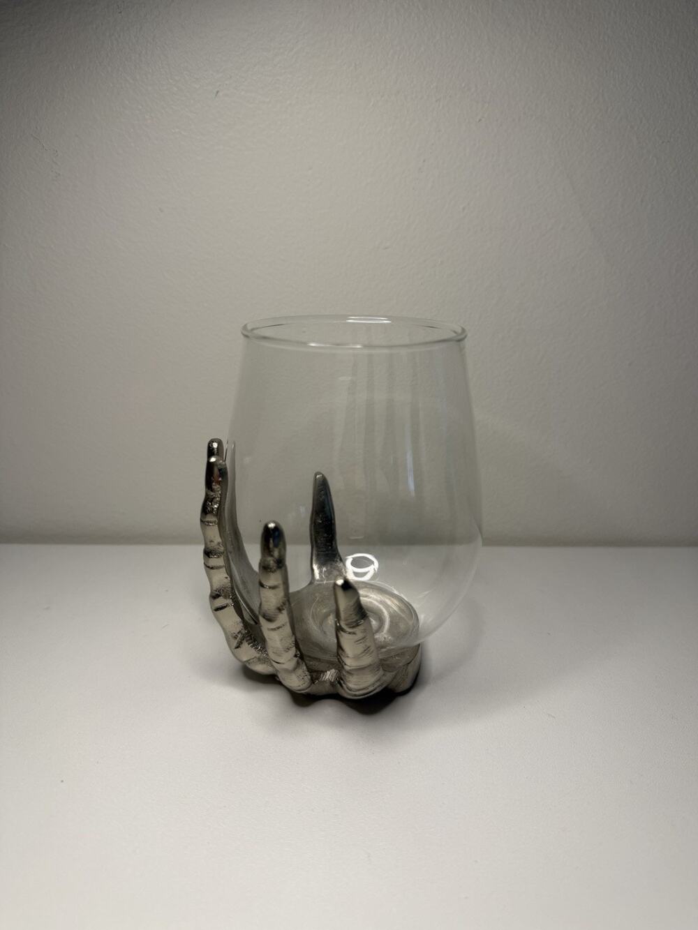 Gothic Skeleton Hand Stemless Wine Glass Witchy Grey Halloween Dark Academia